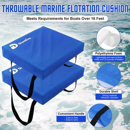 Dunkive 2 Pack Boat Throw Flotation Cushion, USCG Approved, Emergency Marine Throwable Flotation Device, Foam Boat Cushions Life Preserver, Throw Cushions for Boats, Kayaks, Canoes (Blue)