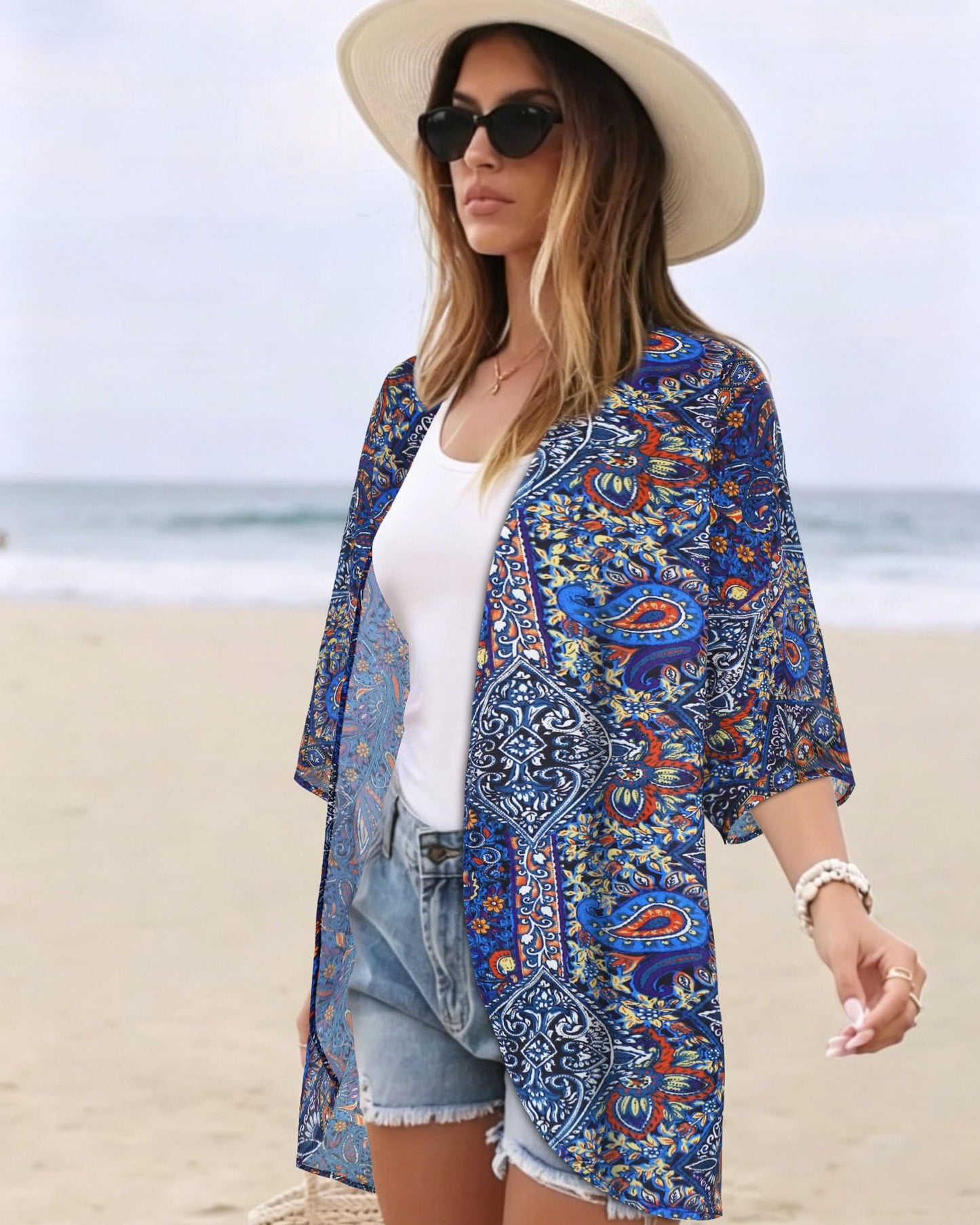 Women's Floral Kimono Print Puff Sleeve Loose Cardigan Cover Up Casual Blouse Tops (Purple Boho, L)