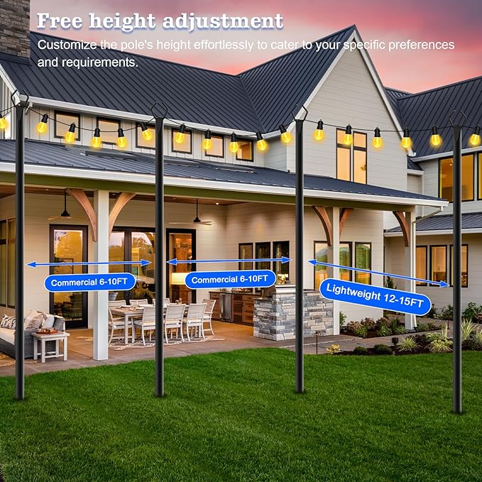 SINLEY 4 Pack String Light Poles,10 Ft Metal Poles with Fork for Outdoor String Lights,Outdoor Light Poles with Fork,Poles/Post/Stand for Outside,Patio,Deck,Backyard,Garden Wedding,Party (4 Pack)