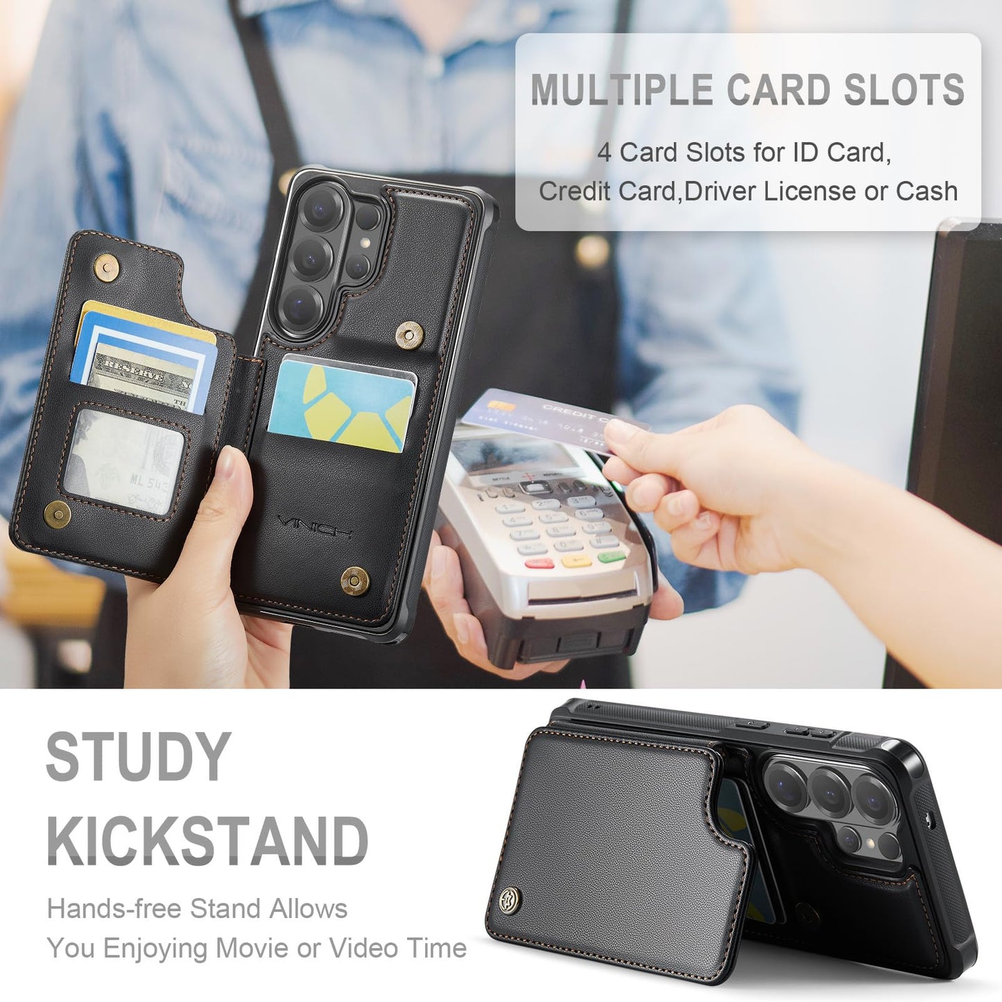Vinich for Samsung Galaxy S26 Ultra Wallet Case with Card Holder, RFID Blocking Credit Slots Kickstand Shockproof Phone Cover for Women Men, Black