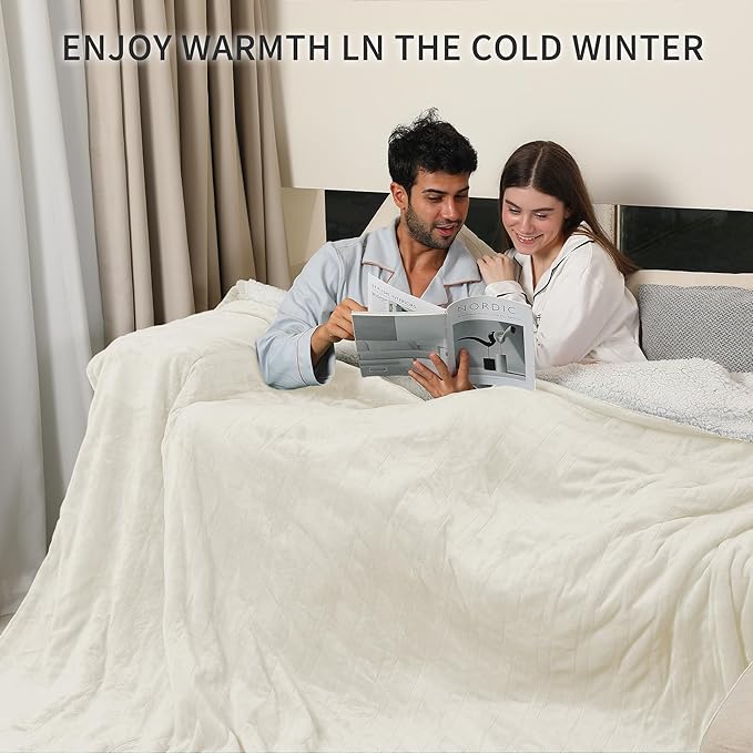 Electric Blanket King, Dual Control Heated Electric Blanket King Size with Flannel & Sherpa, Machine Washable Plush Heated Blanket 5 Heating Levels & 10 Hours Auto Off, Fast Heating, 100" x 90", White