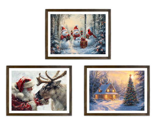 Vintage Framed Wall Art Decor, 3 Piece Christmas Winter Snow Scene Canvas Prints, Santa Claus Reindeer Picture, Woodland Snowman Painting, Holiday Tree & Snow House Poster for Room Decor 12x16 Inches