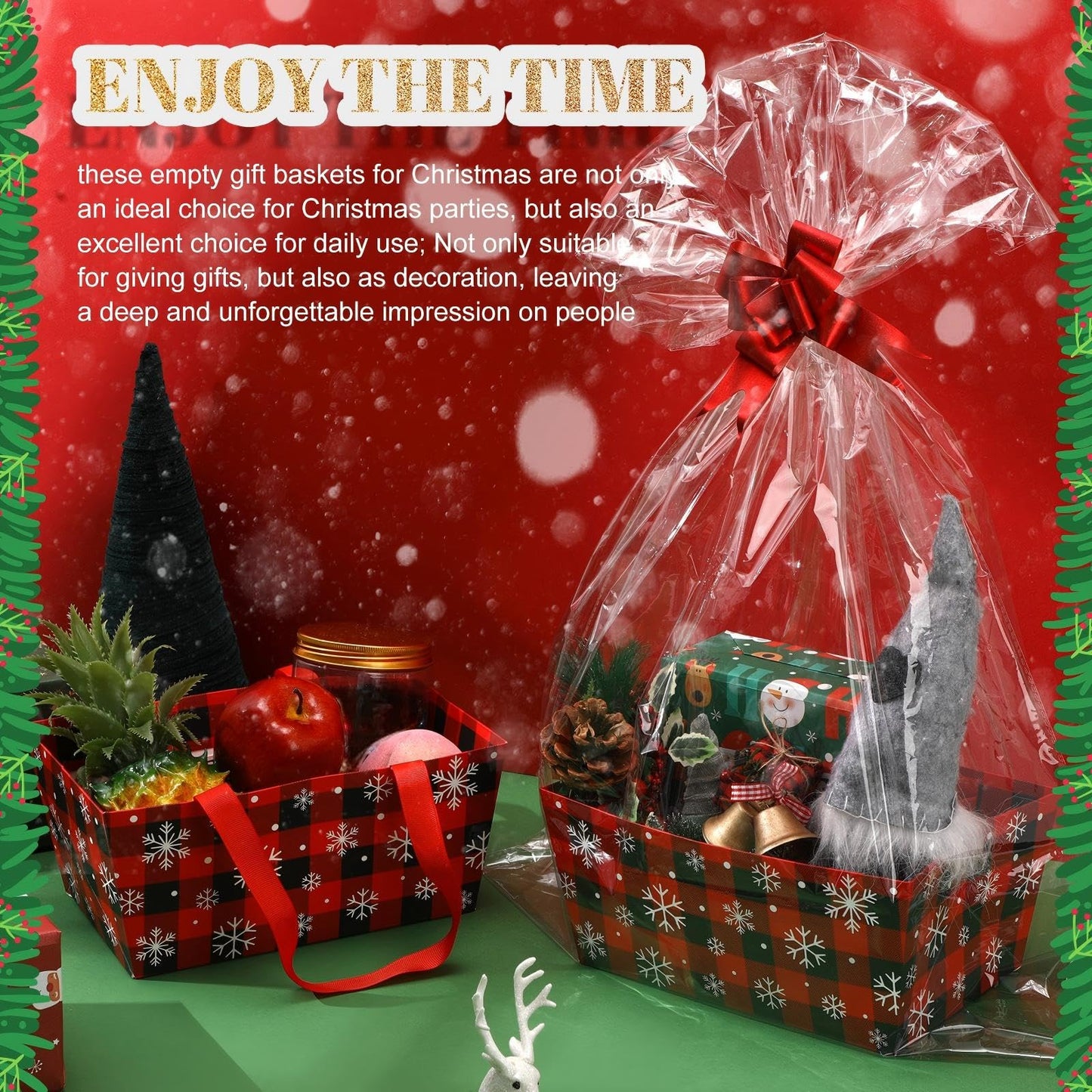 Moinchore 12 Pcs Christmas Snowflake Basket for Gifts Empty 9.8 x 6.5'' Red Black Plaid Cardboard Gift Basket with Bows, Plastic Bags, Twist Ties, Empty to Fill for Holiday Birthday Winter Xmas Party