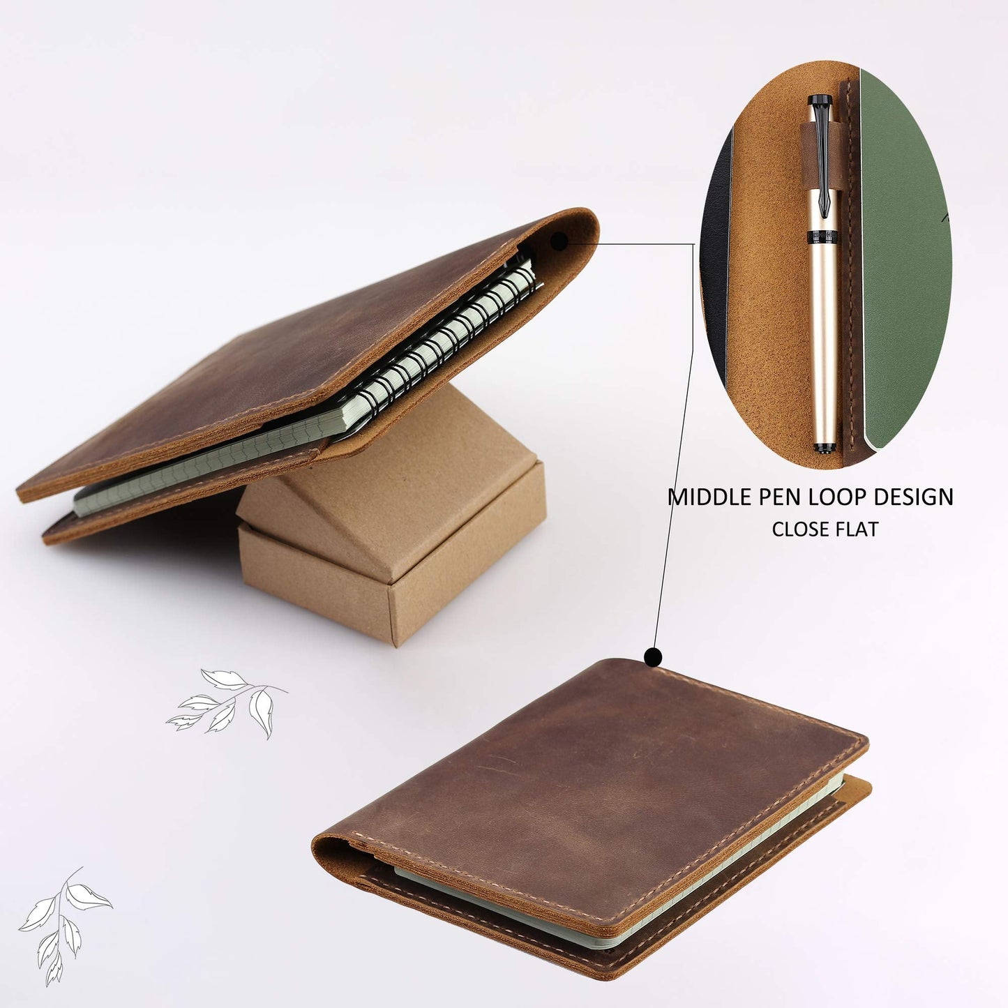 Fasjosma Leather Cover Compatible with Rite in the Rain & Rocketbook Mini Notebooks, Top Bound Spiral Notebook Cover, Leather Cover for 4'' x 6'' Pocket Notepad With Pen Holder - Brown