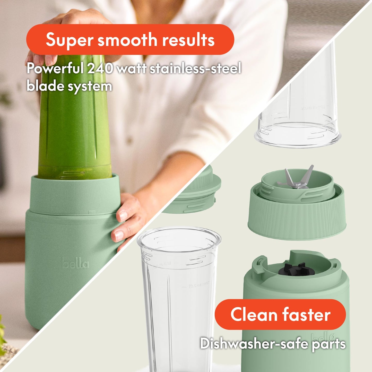 bella 6 Pcs Portable Rocket Blender, Juicer & Smoothie Maker, Press & Twist Design, EverGood™ & BPA Free Dishwasher Safe Parts, 4 Tip Stainless Steel Blade, Cord Wrap, 240 Watt Motor, Oatmilk