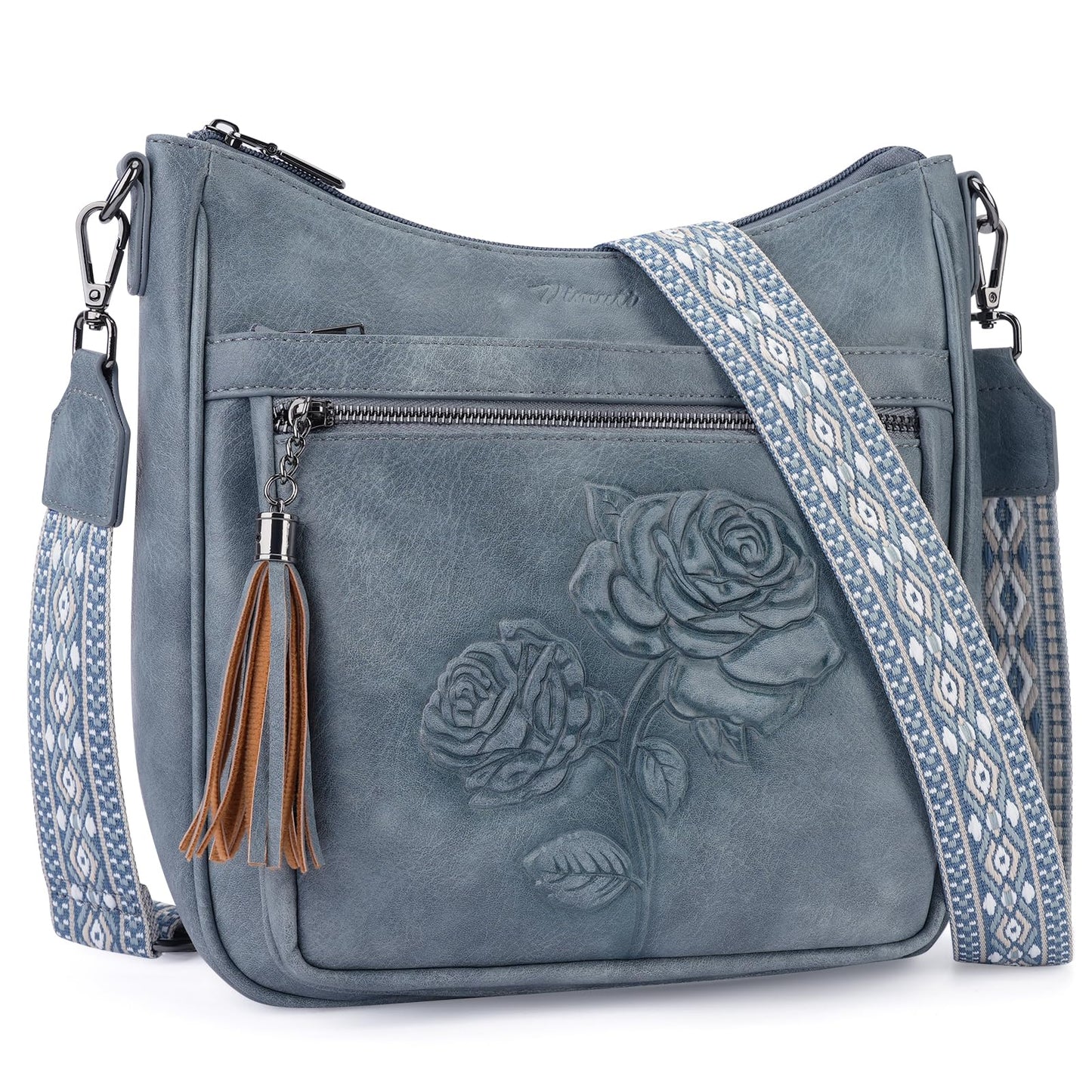 VIMUTI Crossbody Bags for Women Trendy Vegan Leather Hobo Purses for Women Embossed Flower Shoulder Handbags Bucket Bag (01-Blue)