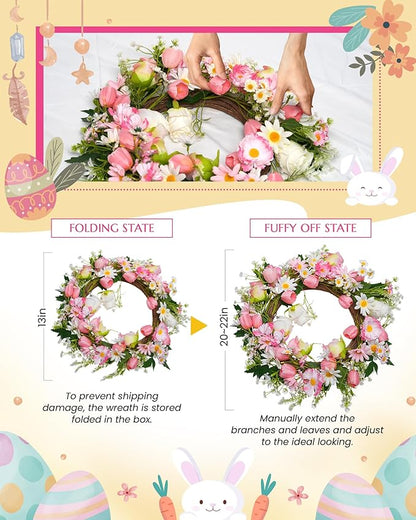 Spring Summer Wreath for Front Door 20”, Artificial Flower Door Wreath with Pink White Roses Tulip Dasiy Wreaths with Hook for Windows Wall Deco Indoor Outdoor
