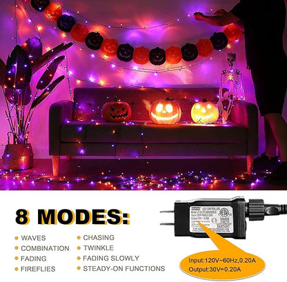 weillsnow Purple&Orange Halloween Lights, 200 LED 66Ft Plug in Waterproof Halloween String Lights, 8 Modes with Memory for Outdoor Indoor Garden Halloween Christmas Decorations (Orange&Purple, 66FT)