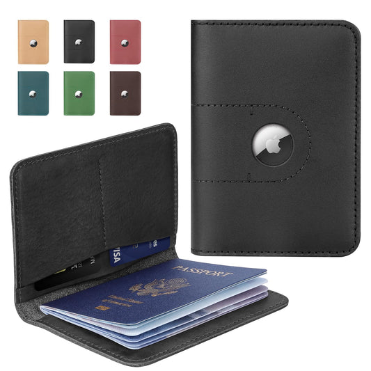 ALLIVE Passport Holder for Travel, Genuine Leather Passport Holder with AirTag Slot for Women and Men, Passport Cover Wallet for Travel Must-Haves, Airport Essentials, Travel Gifts, Black
