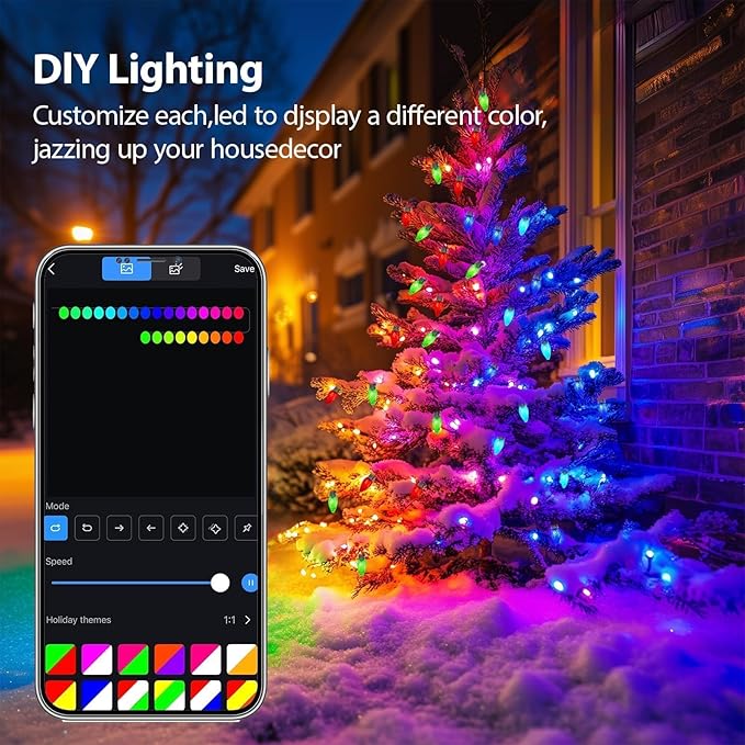 Smart C9 Christmas Lights Outdoor, 82FT 100 LED RGB with Remote,App Bluetooth Music Sync, DIY Scenes & Timers, Connectable to 198FT, IP44 Waterproof Roofline Eaves Porch Fence Decorations