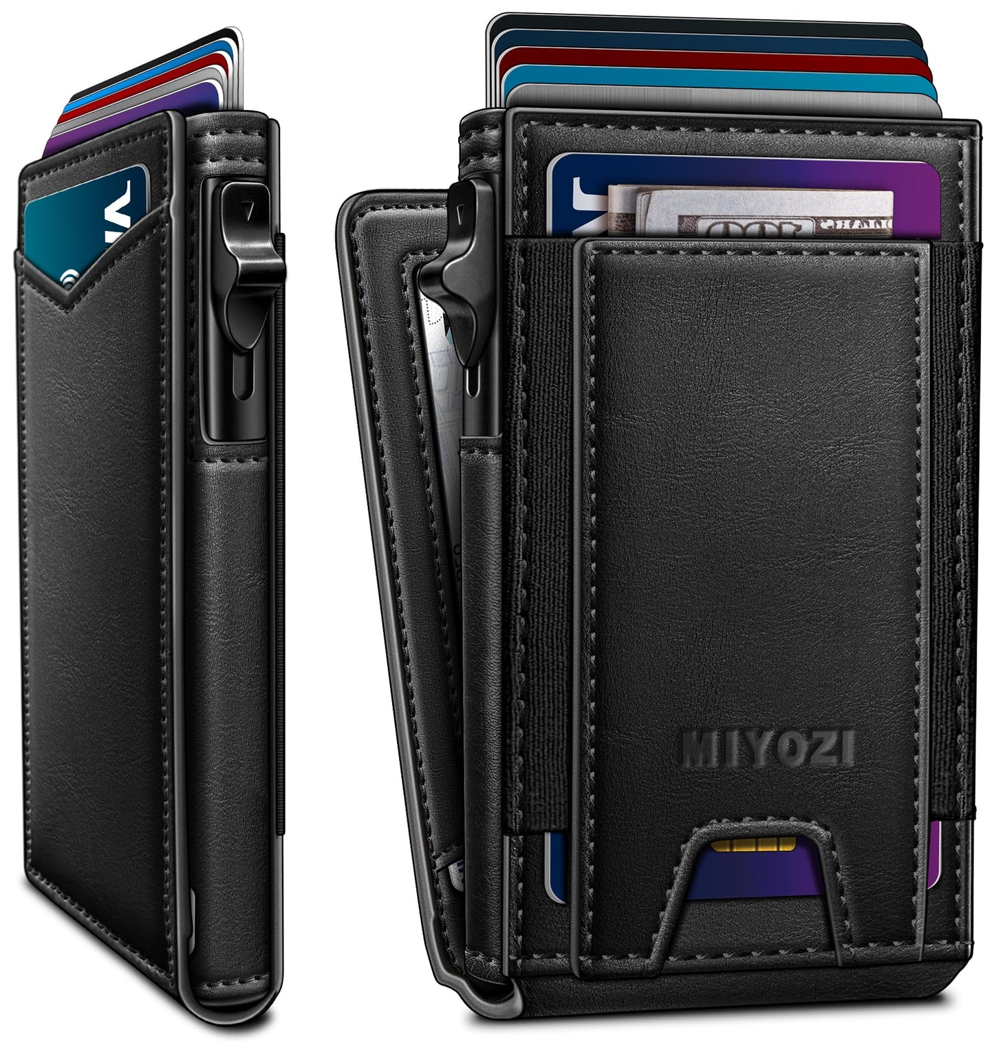 miyozi Wallet for Men, Slim Pop Up Card Holder - RFID Blocking Minimalist Bifold Wallet with ID Window, Holds 9-11 Cards & Stretchable Strap, Metal Flip Case with Magnetic Closure, Gift Box