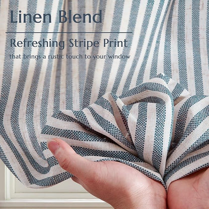 jinchan Striped Linen Kitchen Curtains 24 Inches Length Tier Curtains Farmhouse Modern Cafe Style Small Window Treatments Airy Light Filtering Rod Pocket for Living Room Bathroom 2 Panels Blue