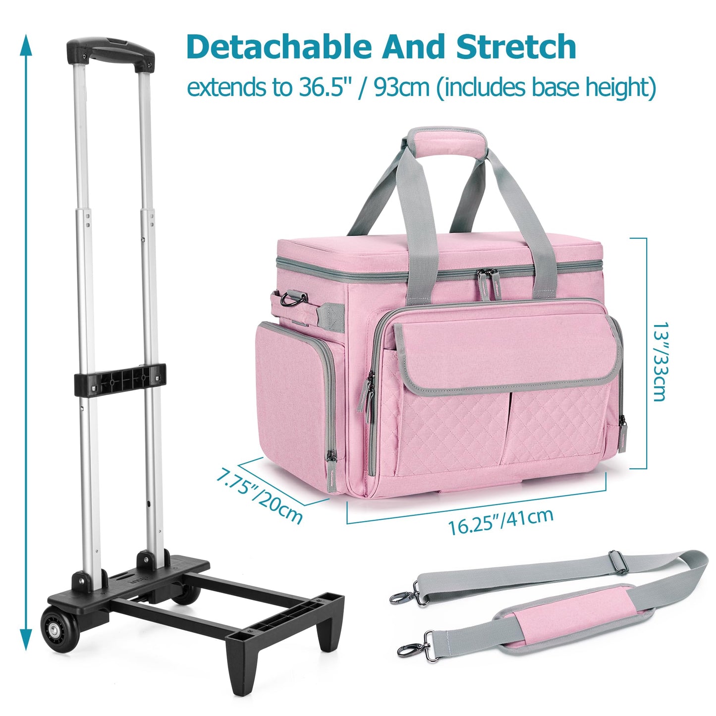 LUXJA Rolling Sewing Machine Case with Multiple Pockets, Sewing Machine Bag with Wheels and Detachable Shoulder Strap (Compatible with Most Standard Sewing Machines), Pink