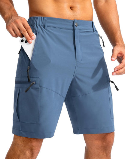 Pudolla Men's Hiking Cargo Shorts 9" Lightweight Outdoor Work Shorts for Men Travel Golf Camping Casual with 5 Zipper Pockets(Blue Large)
