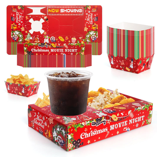 48 Pcs Christmas Party Supplies Movie Night Paper Snack Trays Xmas Party Decorations Christmas Birthday Favors Snowman Family Movie Popcorn&Drink&Candy Box