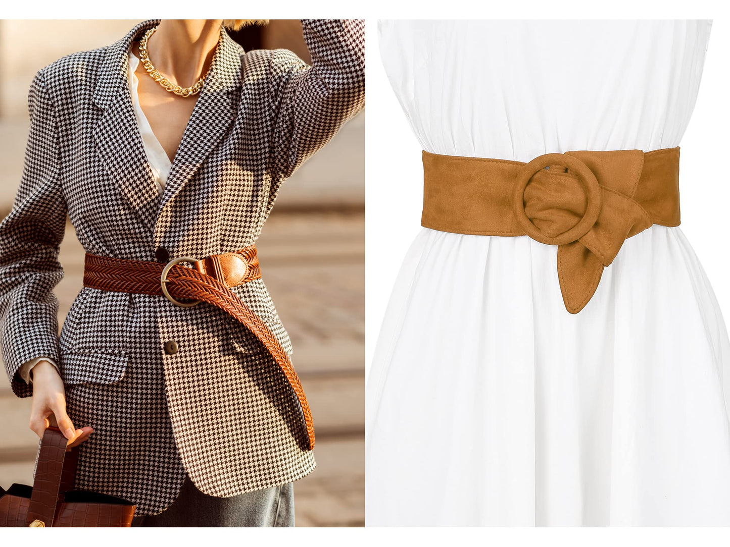 Elerevyo Ladies Solid Wide Waist Belt, Vintage Round Buckle Obi Cinch Wide Belts Waistband for Dress 65-89cm/25.59-35.03" Brown