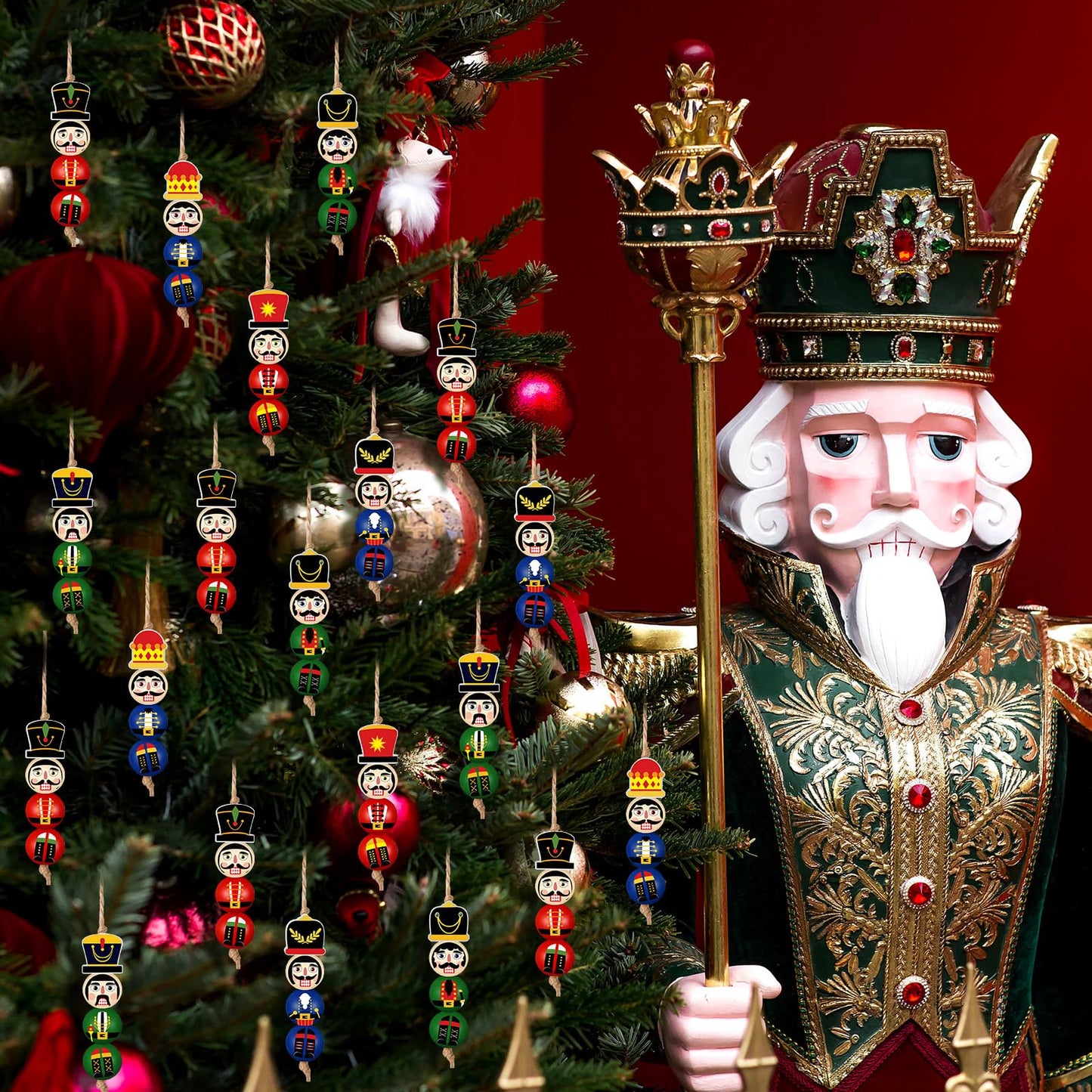Cinnvoice 240 Pcs Summer Christmas in July Wood Beads with Twine Snowman Gingerbread Man Nutcracker Wooden Bead Garland DIY Crafts Round Beads for Xmas Party Decor(Classic Nutcracker)