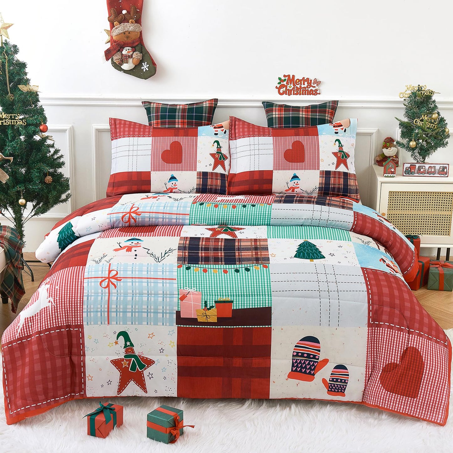 YIYEA Christmas Full Size Comforter Sets for Girls Boys, Cute Kids Comforter with 2 Pillowcase, Ultra Soft Brushed Microfiber Christmas Bedding Comforter Sets, Suit for All Season, Machine Washable