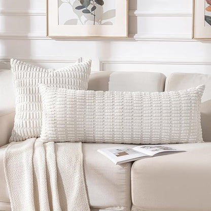Fancy Homi Cream Boho Long Body Lumbar Decorative Throw Pillow Cover 14x36 Inch for Bed Couch Bedroom Bench, Soft Corduroy Rectangle Solid Pillow Case 35x91 cm, Rustic Farmhouse Room Decor
