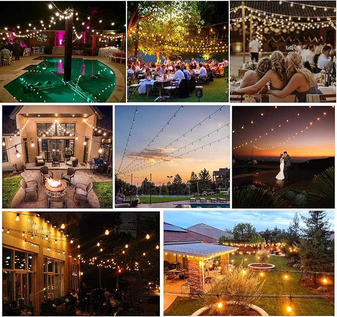 Outdoor String Lights LED 100FT Patio Lights with 32 Shatterproof S14 Dimmable Plastic Vintage Edison Bulbs and Commercial Grade Waterproof Strand Lights String for Porch Market Cafe String Lights