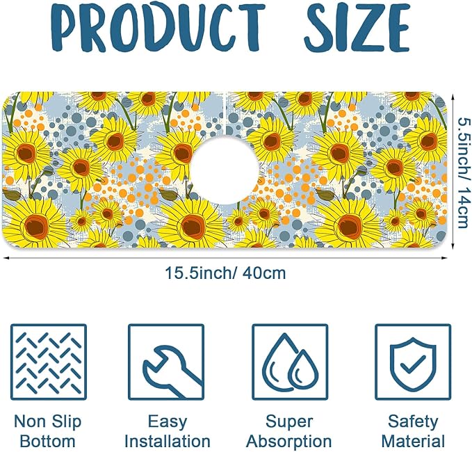 Watercolor Sunflowers Sink Faucet Absorbing Mat Sunflowers Polka Dots Super
