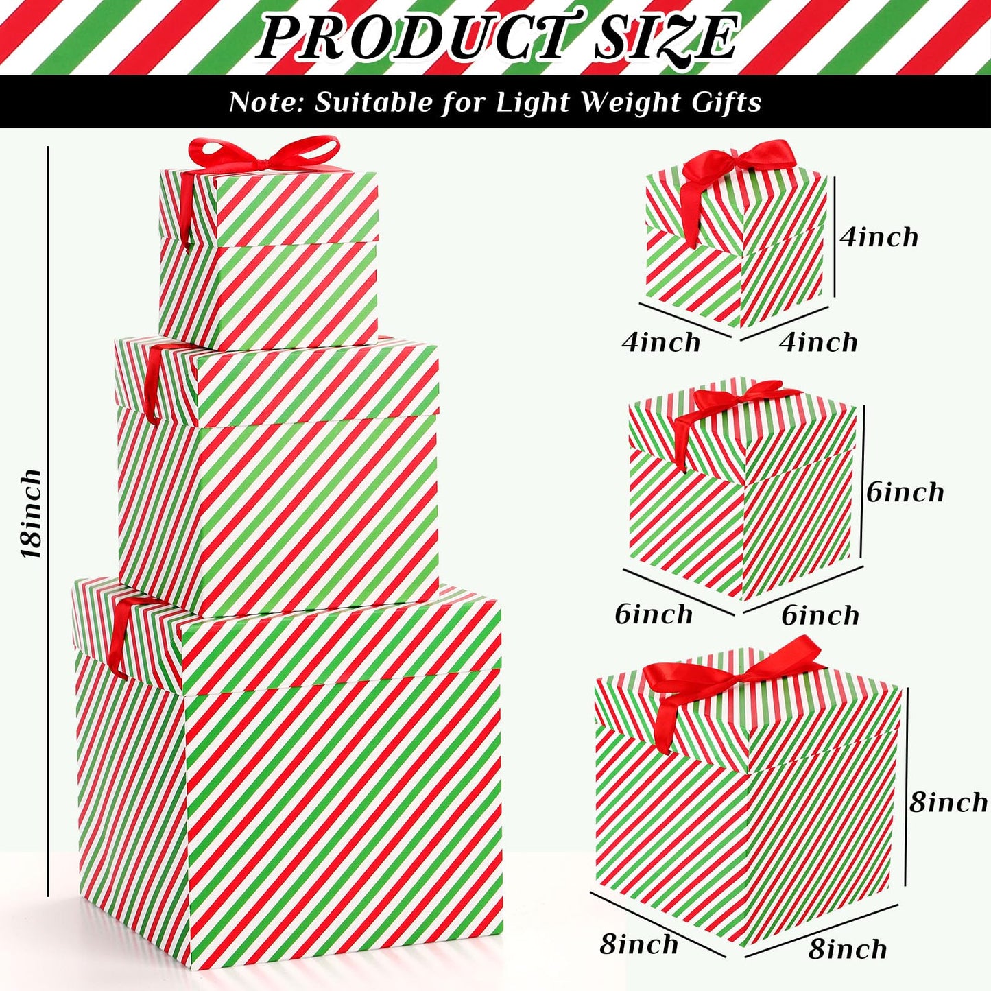 TecUnite 3 Pcs Christmas Nesting Gift Boxes Candy Cane Striped Christmas Stackable Boxes Decorative with Lids for Present Wrapping Xmas New Year Holiday Party Decor(Green Red Stripe)