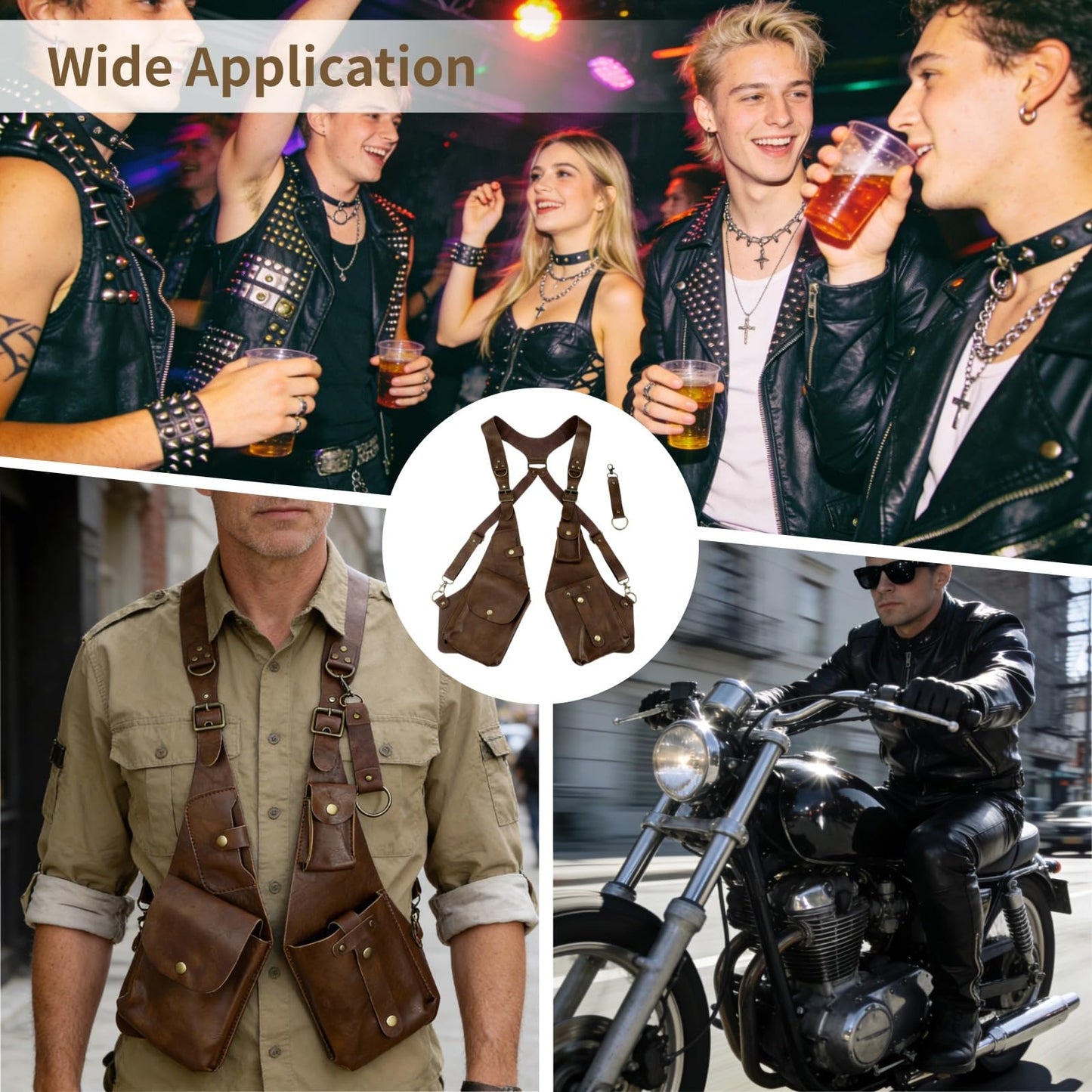 Anti-Theft Double Shoulder Underarm Bag Adjustable PU Leather Harness Chest Rig, Body Fit Vest Pouch with 4 Pockets, Vintage Viking Punk Crossbody Utility Bag for Travel Festival Cosplay