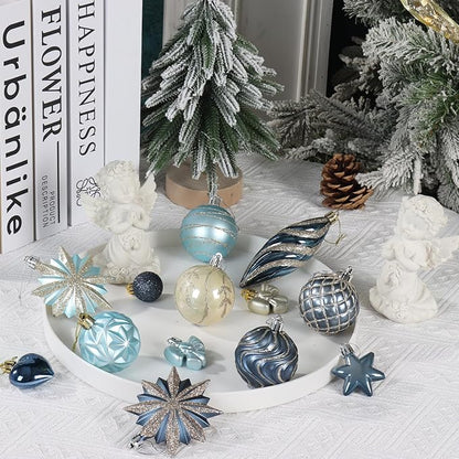 82Pcs Blue and Gold Christmas Ornaments Set,Plastic Assorted Christmas Decorations for Tree Shatterproof Baubles Snowflake Xmas Ball Ornaments for Holiday Party Decor (Blue&Gold)