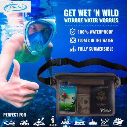 AiRunTech Waterproof Pouch with Waist Strap (2 Pack) | Beach Accessories Best Way to Keep Your Phone and Valuables Safe and Dry | Perfect for Boating Swimming Snorkeling Kayaking Beach(Grey+Yellow)