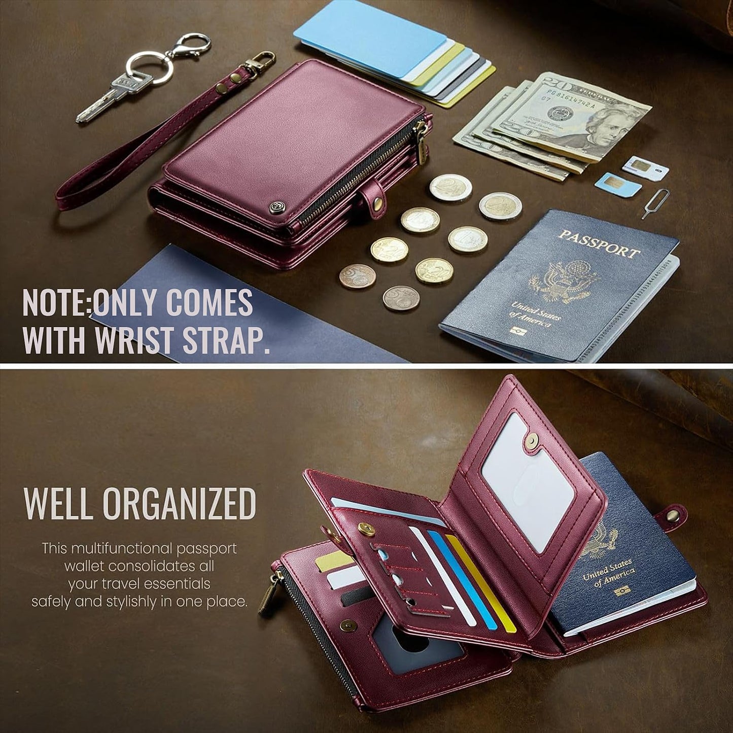 XIMAND Passport Holder Wallet Bag with AirTag Holder, 11 Card Slots and Passport Solt Cash Solt Photo Solt Zipper Pocket, RFID Blocking Wristlet Strap.Wine