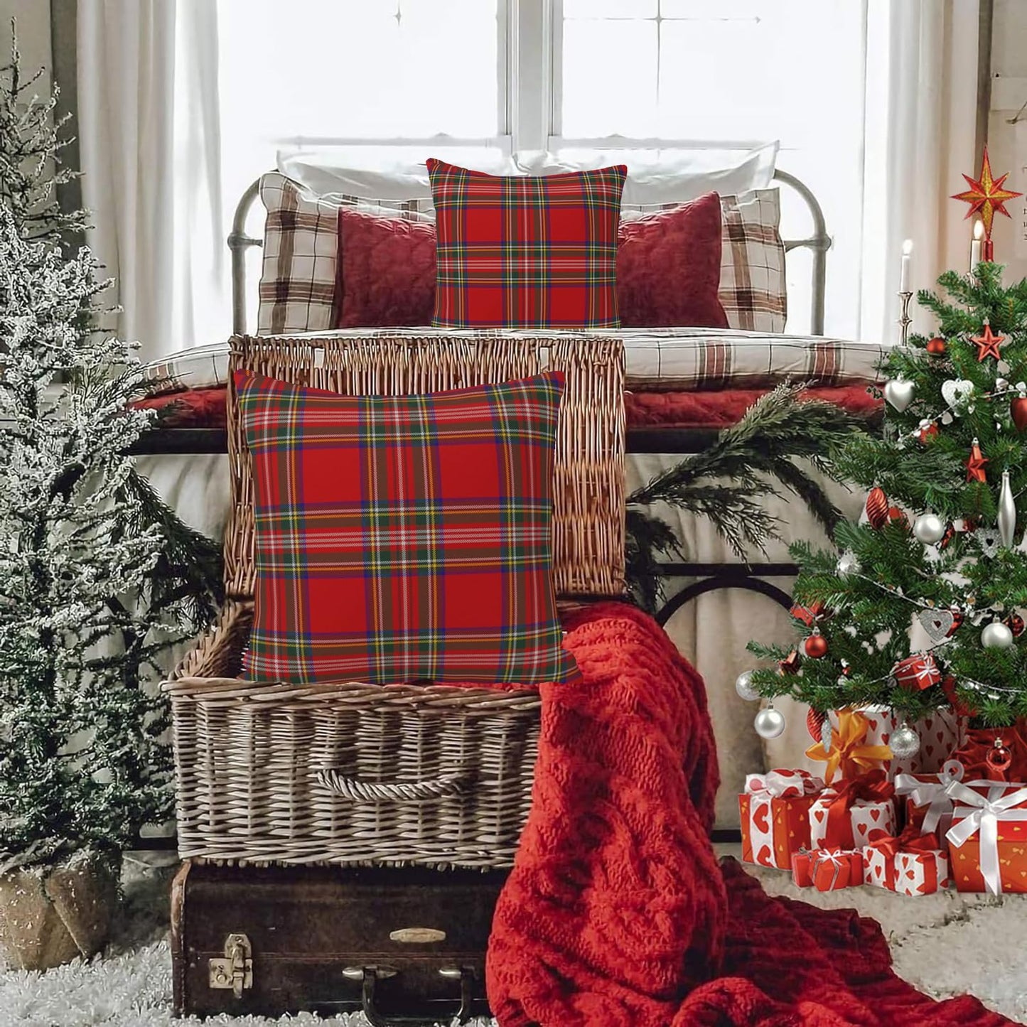GOOESING Christmas Plaid Pillow Covers 22x22 Inch Set of 2 Scottish Tartan Farmhouse Throw Pillow Case Cushion Cover for Sofa Couch Home Decor, Red and Green
