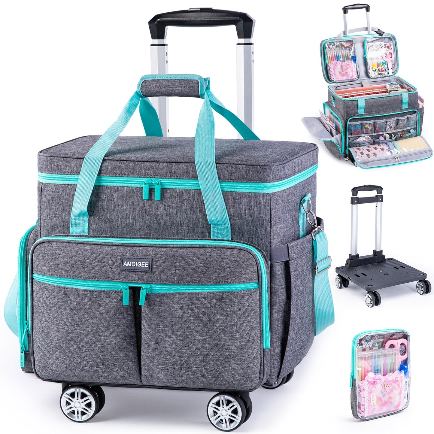 AMOIGEE Rolling Tote Bag with Wheels and Handle, Sewing Machine Case, Craft Organizer Tote for Scrapbooking Storage, Teacher Rolling Bag, Craft Supply Storage, Art Bag, Rolling Cart for Teachers