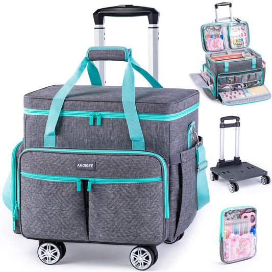 AMOIGEE Rolling Tote Bag with Wheels and Handle, Sewing Machine Case, Craft Organizer Tote for Scrapbooking Storage, Teacher Rolling Bag, Craft Supply Storage, Art Bag, Rolling Cart for Teachers