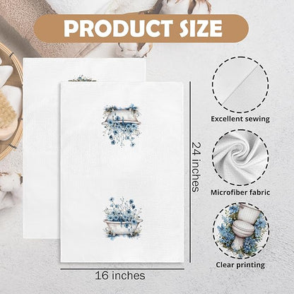 Blue Floral Hand Towels for Bathroom Set of 2, Flower Botanical Dish Tea