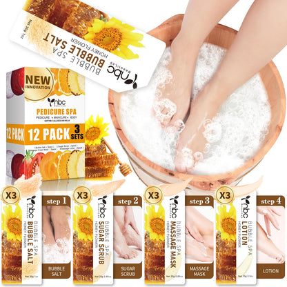 Pedicure Kit Foot Soak Set: Bubble Salt, Sugar Scrub, Massage Mask, Massage Lotion in a Box, 4 Step Foot Spa Kit for Dry Feet,Tired Feet（3 Set Tropical Fruit)