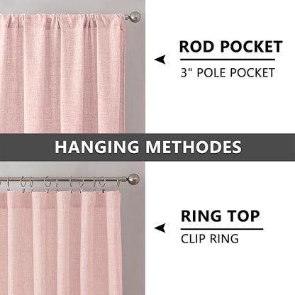 Tollpiz Linen Curtains Living Room Rod Pocket Semi Sheer Curtain Burlap Light Filtering Thick Linen Drapes for Bedroom, 38 x 63 inches Long, Pink, Set of 2 Panels