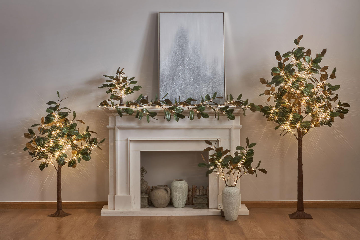 LITBLOOM Faux Magnolia Garland with Lights 6FT Battery Operated with Timer or USB Plug in, Lighted Greenery Garland with 80 Fairy Lights for Home Fireplace Mantle Holiday Decoration Inside