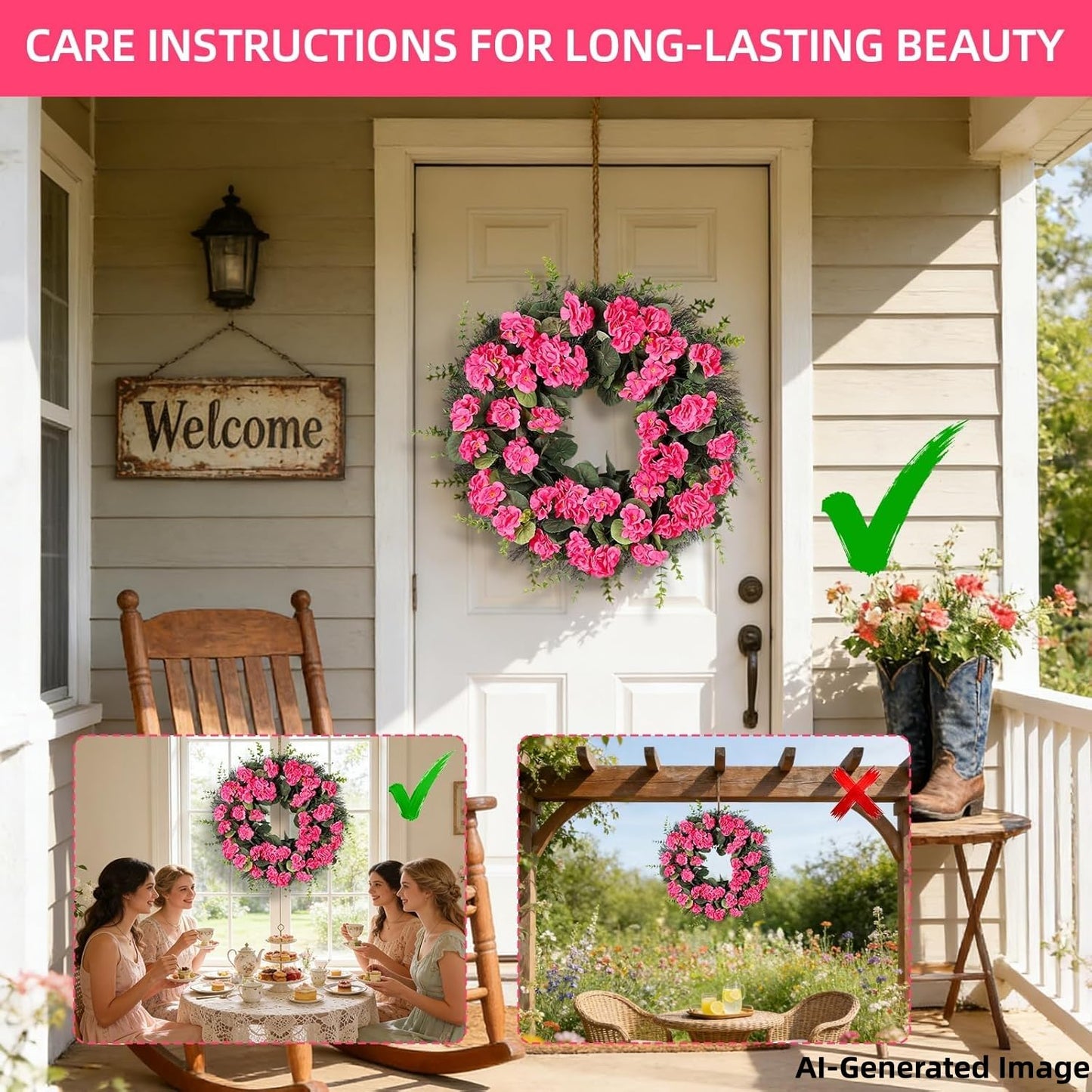 KuiMen Rose Red Artificial Geranium Wreath, 22 Inch Spring Summer Wreaths for Front Door with Blessed Hanging Sign, for Rustic Farmhouse Entryway Porch Balcony Decor