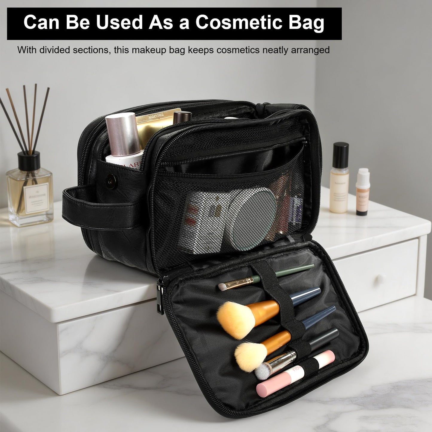 Ezday Toiletry Bag for Men and Women, Travel Essentials Shaving Dopp Kit, Travel Bag Toiletries Organizer Case for Grooming, PU Leather Water Resistant Cosmetic Bag Pouch (Black, Medium)