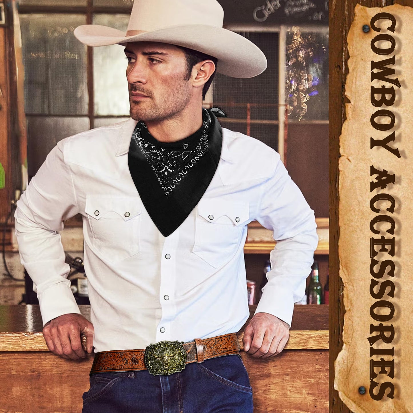 RIOSO Cowboy Outfit for Men Western Suede Leather Vest Belt Necktie Set Men's Cowboy Costume Accessories (Without Hat) Brown