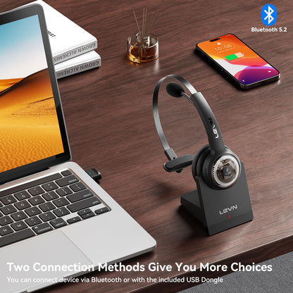 LEVN Wireless Headset with Mic for Work, Wireless Headset (Charging Base, Noise Cancelling & Mute Button), Long Battery Life, Bluetooth Headsets for Home/Office/Call Center/Laptop/Teams/Zoom, Black
