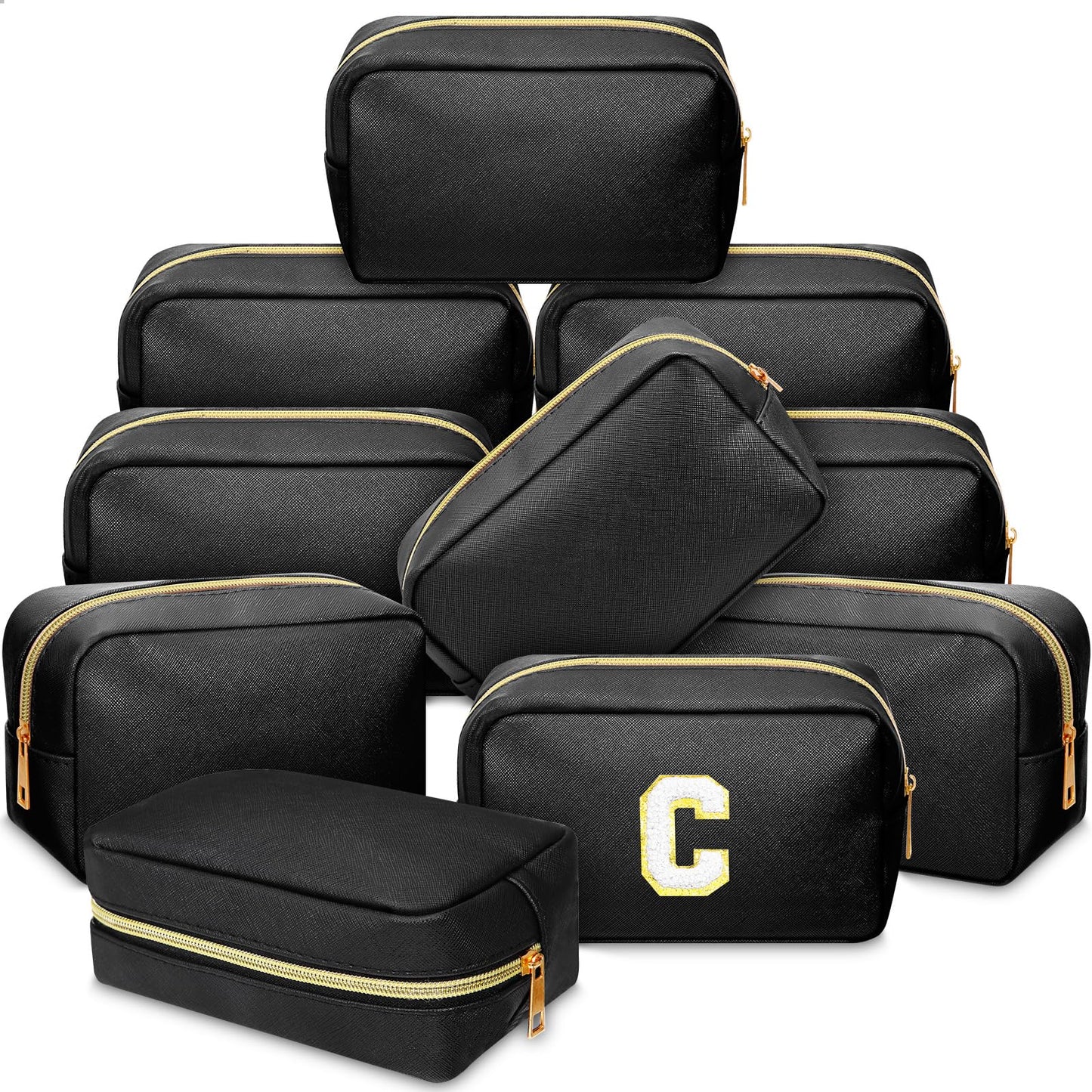 Sweetude 10 Pcs Makeup Bag Bulk for Women Preppy Gift PU Leather Cosmetic Bag Small Skincare Toiletry Pouch Wedding Travel Cosmetic Pouch for Bridesmaid Bride Mother Gift Favors (Black)