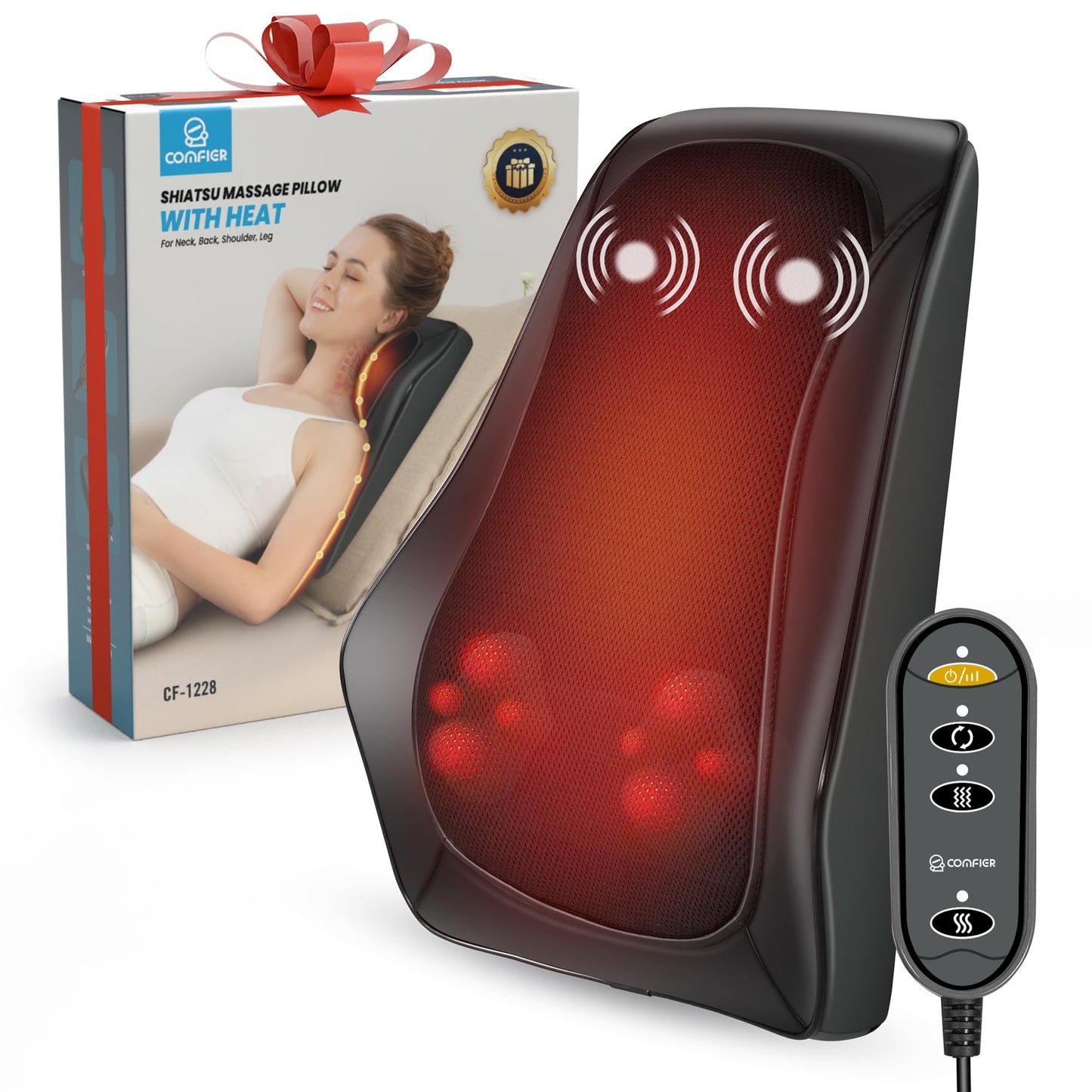 COMFIER Back Massager with Heat, Shiatsu Neck and Back Massager with Heat for Back Pain, Soothing Heating & 3D Kneading Massage Pillow Gift for Men Women