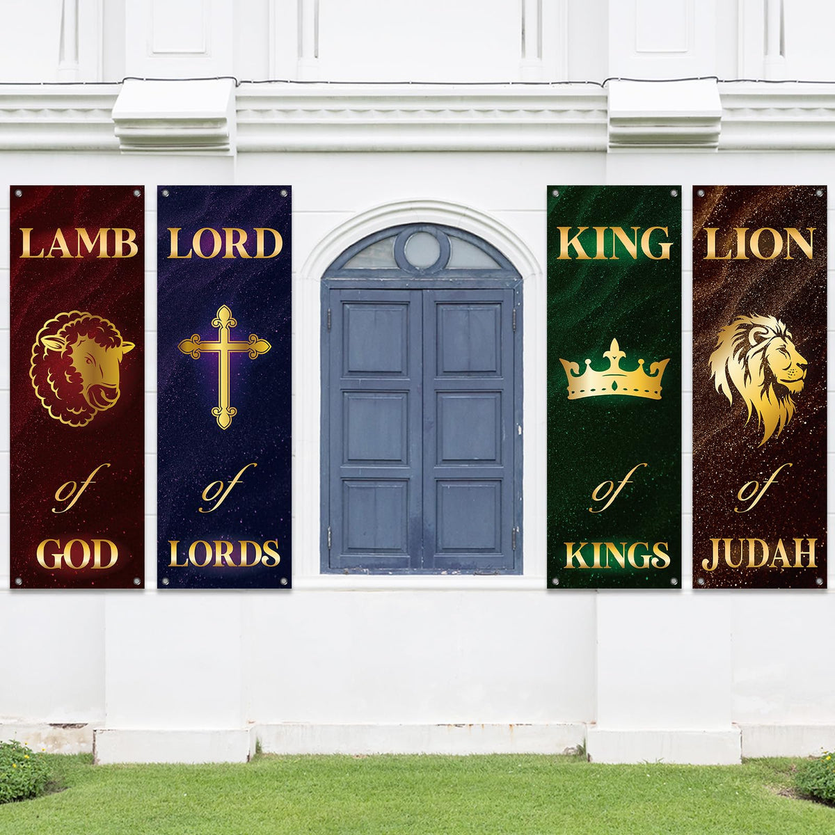 4Pcs Church Banners for Sanctuary Wall Welcome Religious Banners Hanging Backdrop Classic Lion King Lord Lamb Church Banner Scripture Bible Verses Exquisite Banner for Holiday Sunday School Decor
