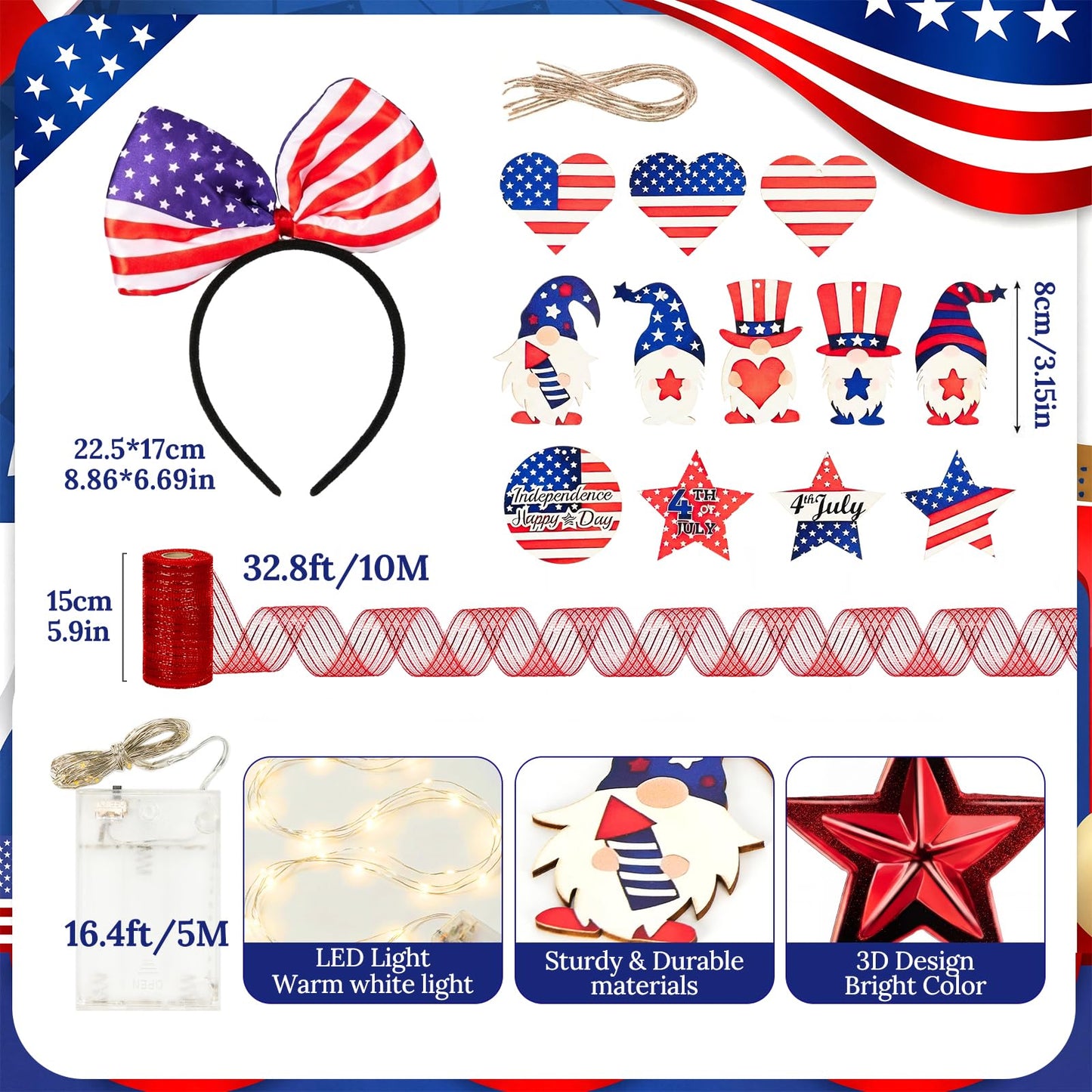 4th of July Christmas Tree Decorations Set with LED Light - Patriotic Red White and Blue Hanging Ornaments, Star Garland & Wreath Bow Tree Topper for Independence National Memorial Day Party