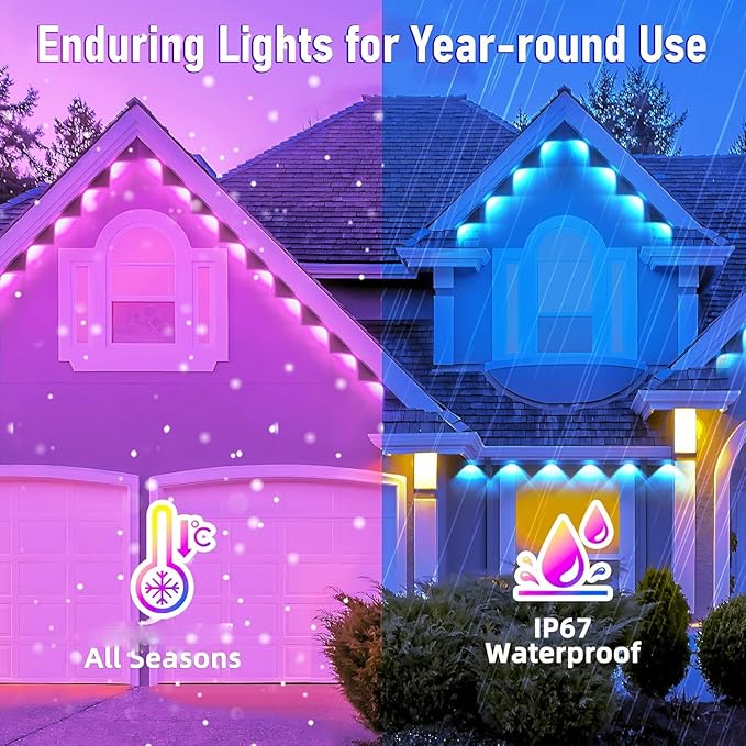 500FT Permanent Outdoor RGB Light,IP67 Waterproof Smart LED Eaves Lights with App/Remote Control,for Christmas and All Holiday Decor,Daily and Accent Lighting,House Roof and Garden Lighting