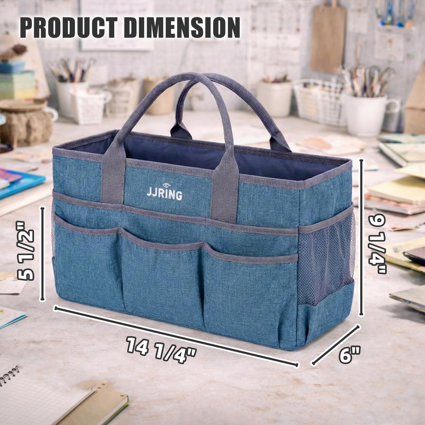 JJRING Large Art Supply Storage Tote Bag With 2 Mesh Side Pockets & Front Elastic Pockets – Sturdy Craft Organizer Caddy with Reinforced Bottom For Sewing, Scrapbooking, Teachers & Artists(Green)