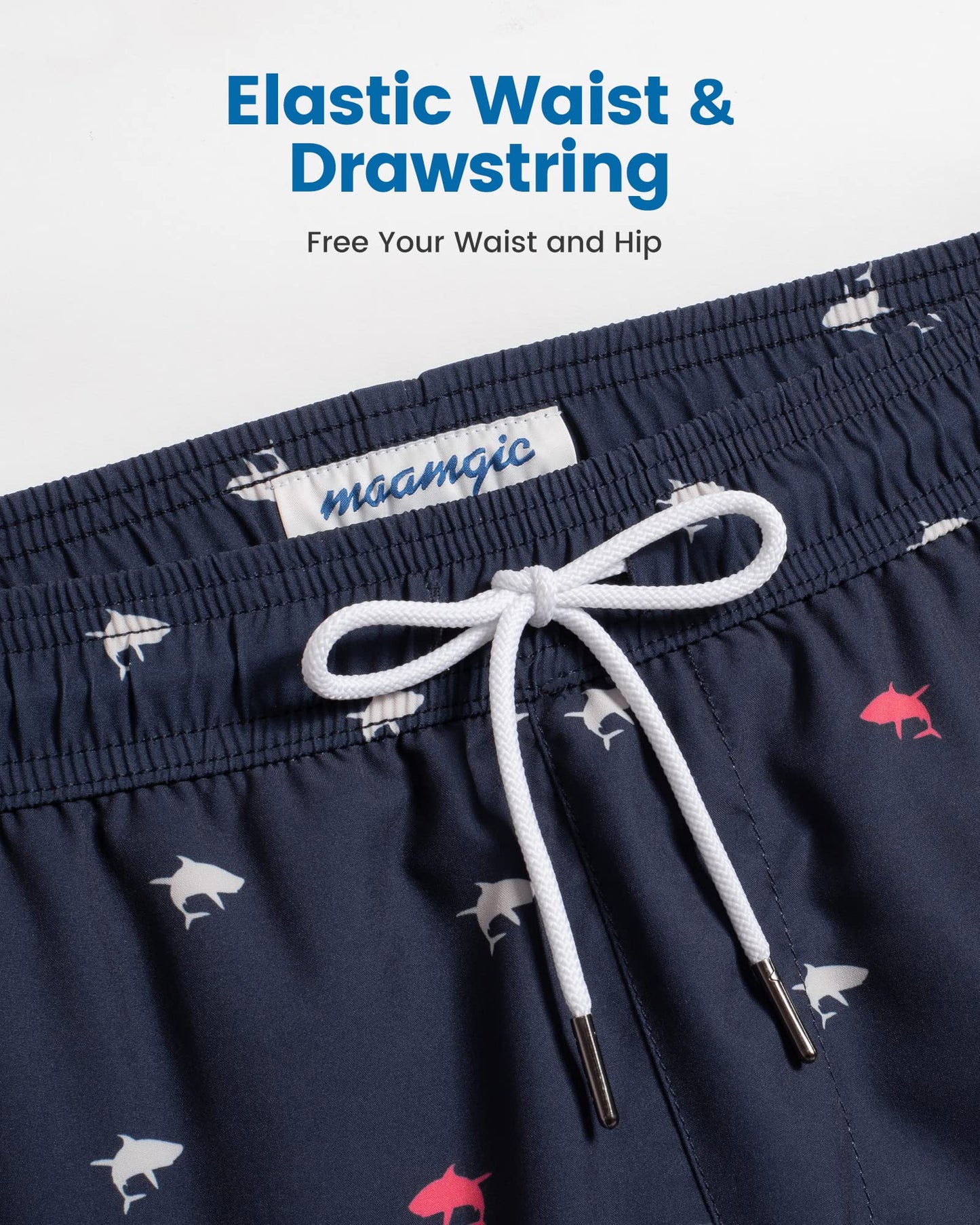 maamgic Mens Swim Trunks with Compression Liner 5 Inch, Quick Dry Bathing Suit with Zipper Pockets, Stretch No-Chafing Swim Shorts, Navy-Mini Shark Medium