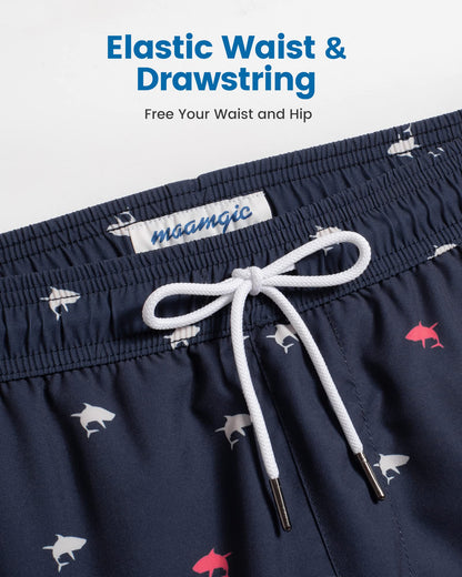 maamgic Mens Swim Trunks with Compression Liner 5 Inch, Quick Dry Bathing Suit with Zipper Pockets, Stretch No-Chafing Swim Shorts, Navy-Mini Shark Medium