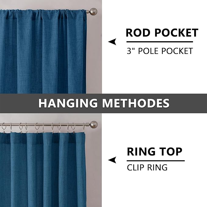Tollpiz Linen Curtain Bedroom Rod Pocket Semi Sheer Curtains Burlap Light Filtering Thick Linen Drape for Living Room, 38 x 84 inches Long, Classic Blue, Set of 2 Panels